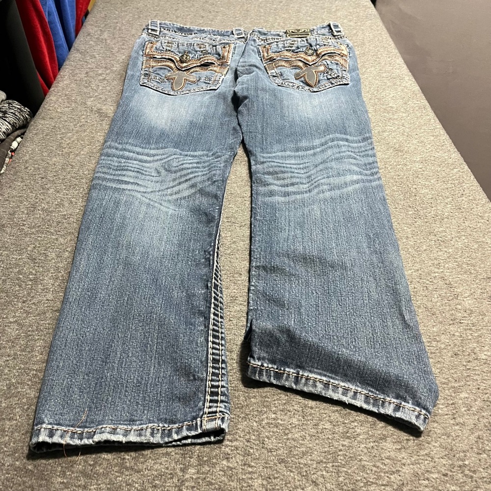 Rock Revival Jack Slim Straight Jeans Mens 38x31 Blue Medium Wash Distressed